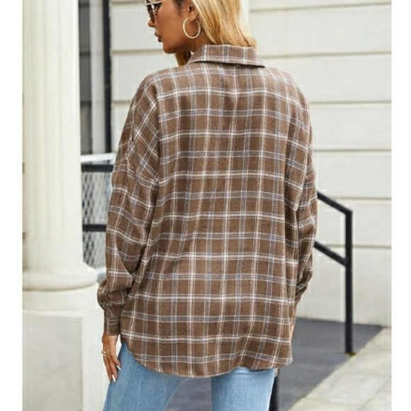 Button Down Flannel Plaid Shacket Long Sleeve Collared shirt Khaki - Picture 4 of 6